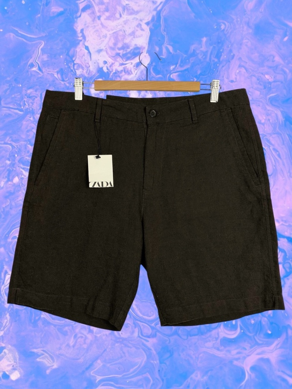 ZARA Slim Fit Linen Blend Flat Front Lightweight Earthy Chino Shorts Brown 34